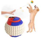 Dog training chew ball with attached draw rope, designed for tugging and teeth cleaning during playtime.